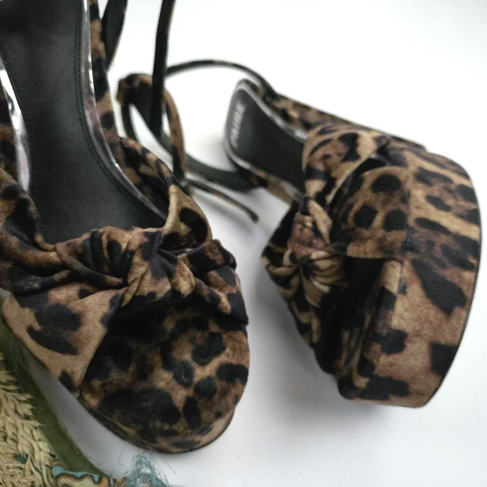 PAIGE Leopard Print Knot Front Platform Sandals - Brown Sz 8m - Picture 3 of 10